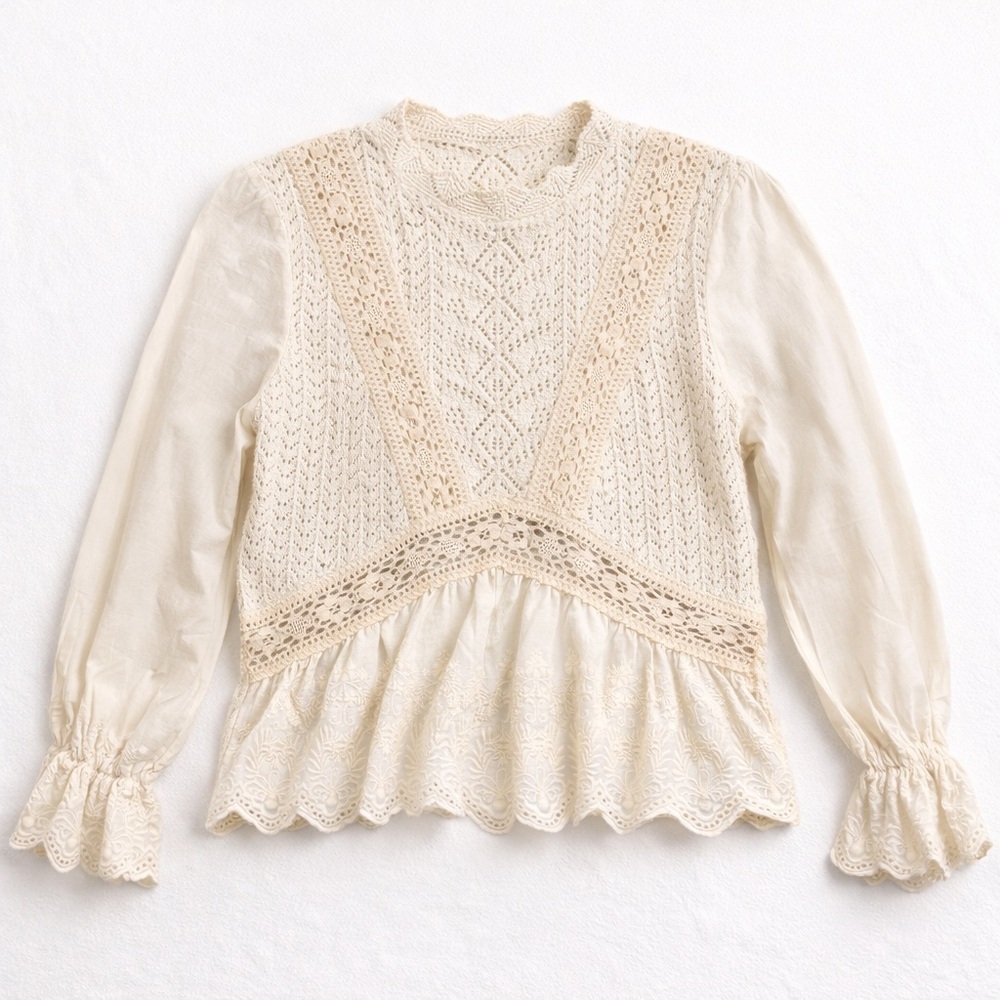 ZARA Cream Blouse Romantic Boho Long Sleeve Victorian Lace Small Crochet Whimsy
